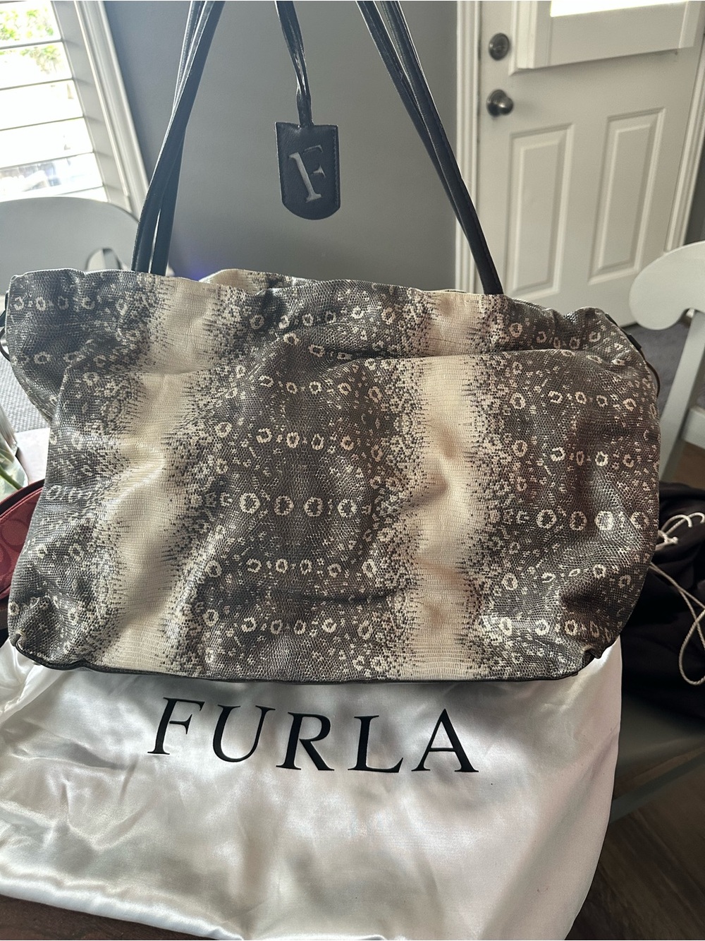 Furla Brown and Cream Patterned Tote with Black Handles